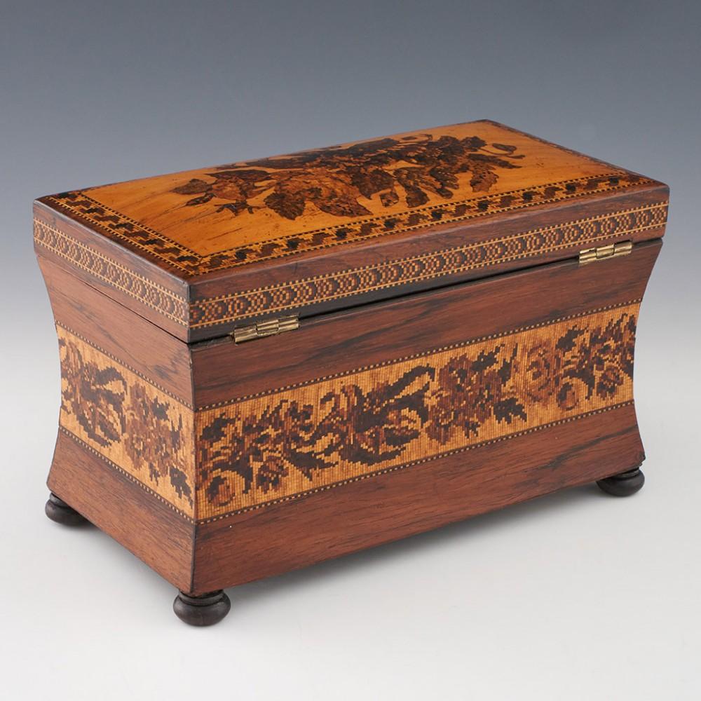 Mid-19th Century Tunbridge Ware Two Compartment Sarcophagus Tea Caddy c1860 For Sale