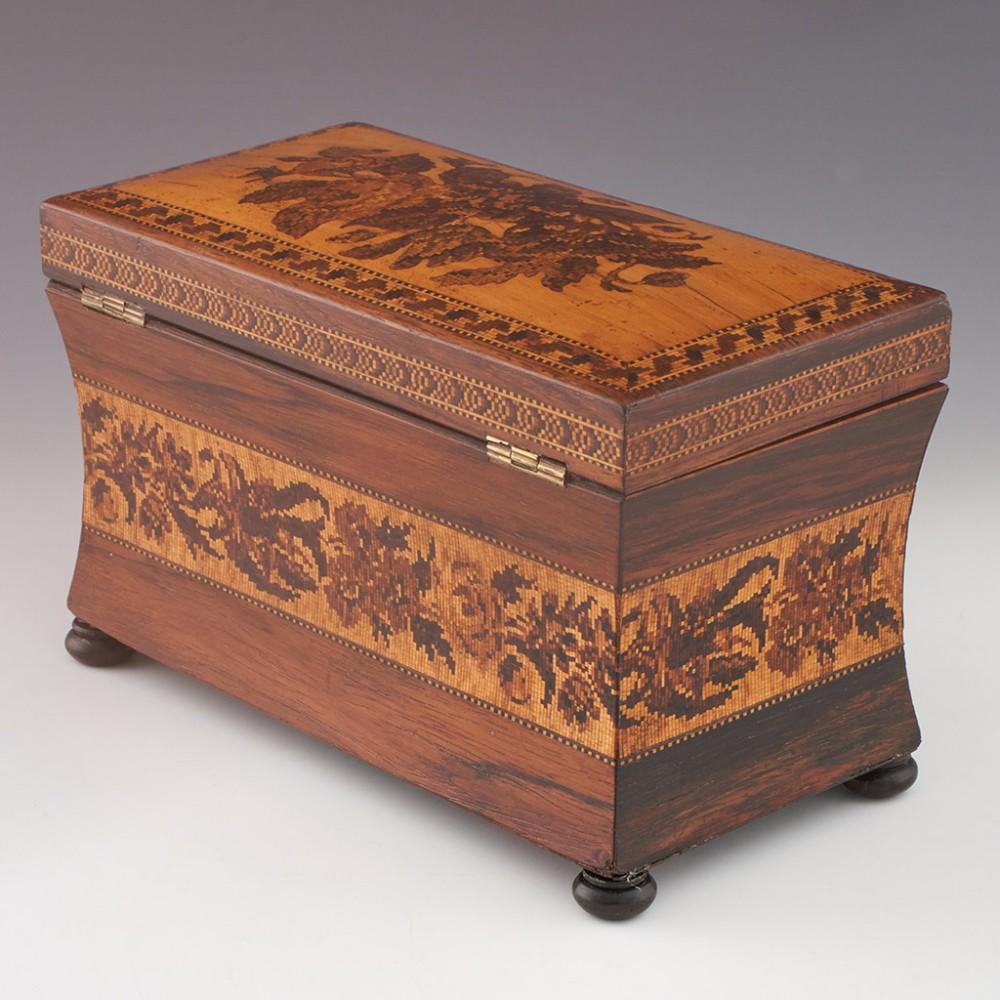 Wood Tunbridge Ware Two Compartment Sarcophagus Tea Caddy c1860 For Sale