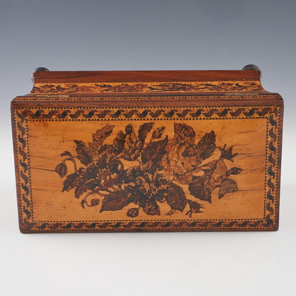 Tunbridge Ware Two Compartment Sarcophagus Tea Caddy c1860 For Sale 1