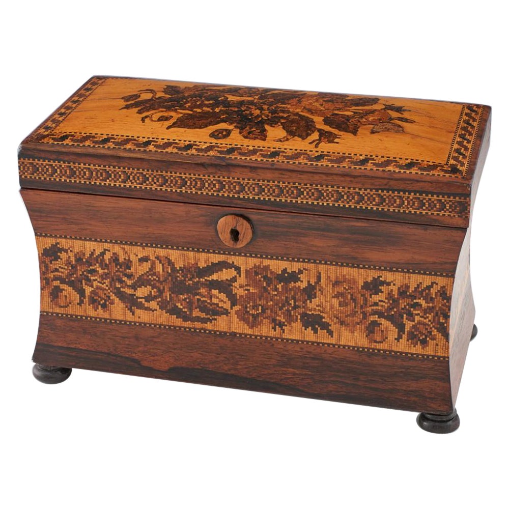 Tunbridge Ware: Sarkophag-Teedose mit zwei Fächern, um 1860