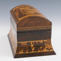 Porta tè a due scomparti di Tunbridge Ware raffigurante la porta dell'abbazia di Battle, 1870 ca.