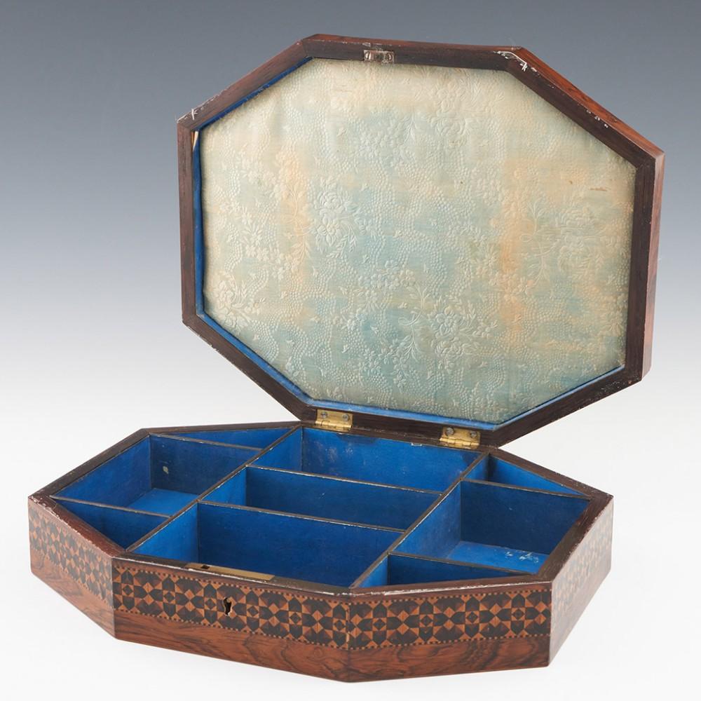 Heading : Tunbridge ware work box
Date : c1850
Period : Victoria
Origin : Tunbridge Wells, Kent . Almost certainly early Edmund Nye or George Burrows.
Decoration : Central stylised floral tesellated mosaic, this is bordered by a stickware geometric