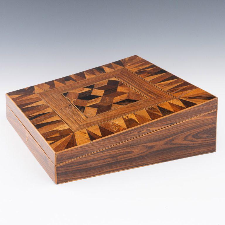 Wood Tunbridge Ware Writing Slope with Cubework c1840 For Sale