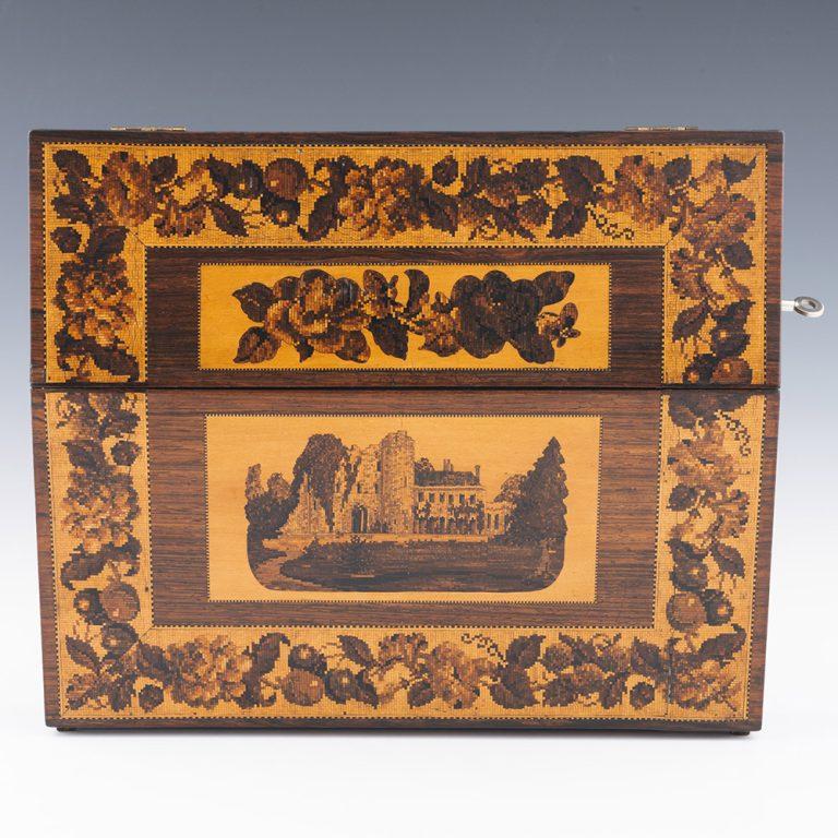 Wood Tunbridge Ware Writing Slope with Image of Tonbridge Castle For Sale