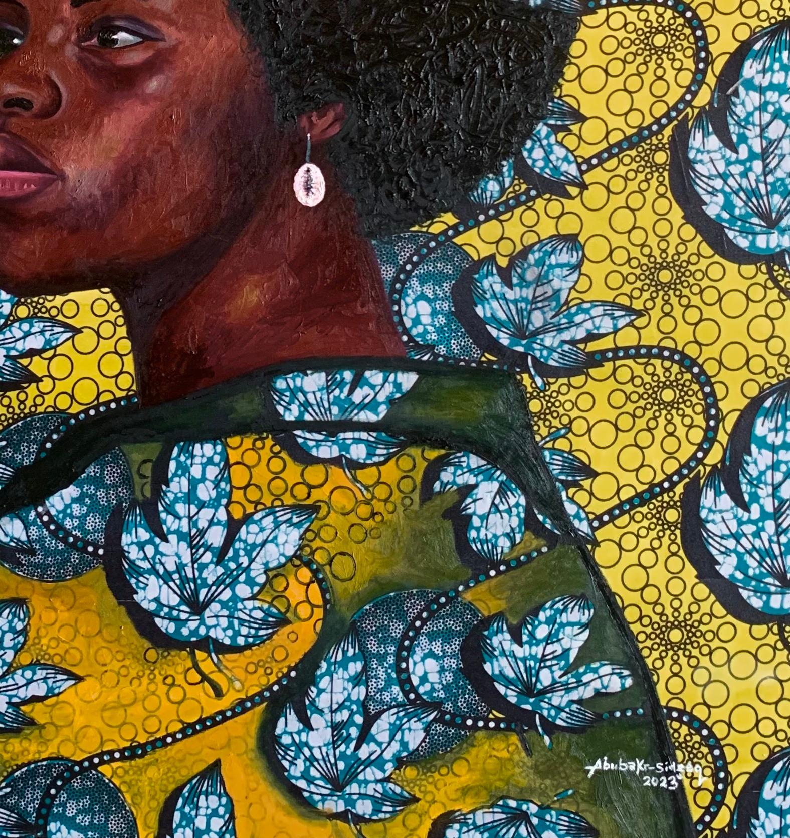 The painting depicts a proud and confident black African woman with her afro hair as her crowning glory. The intricate and detailed portrayal of her features and hair are rendered in rich, warm hues using oil on Ankara fabric. The vibrant colors and