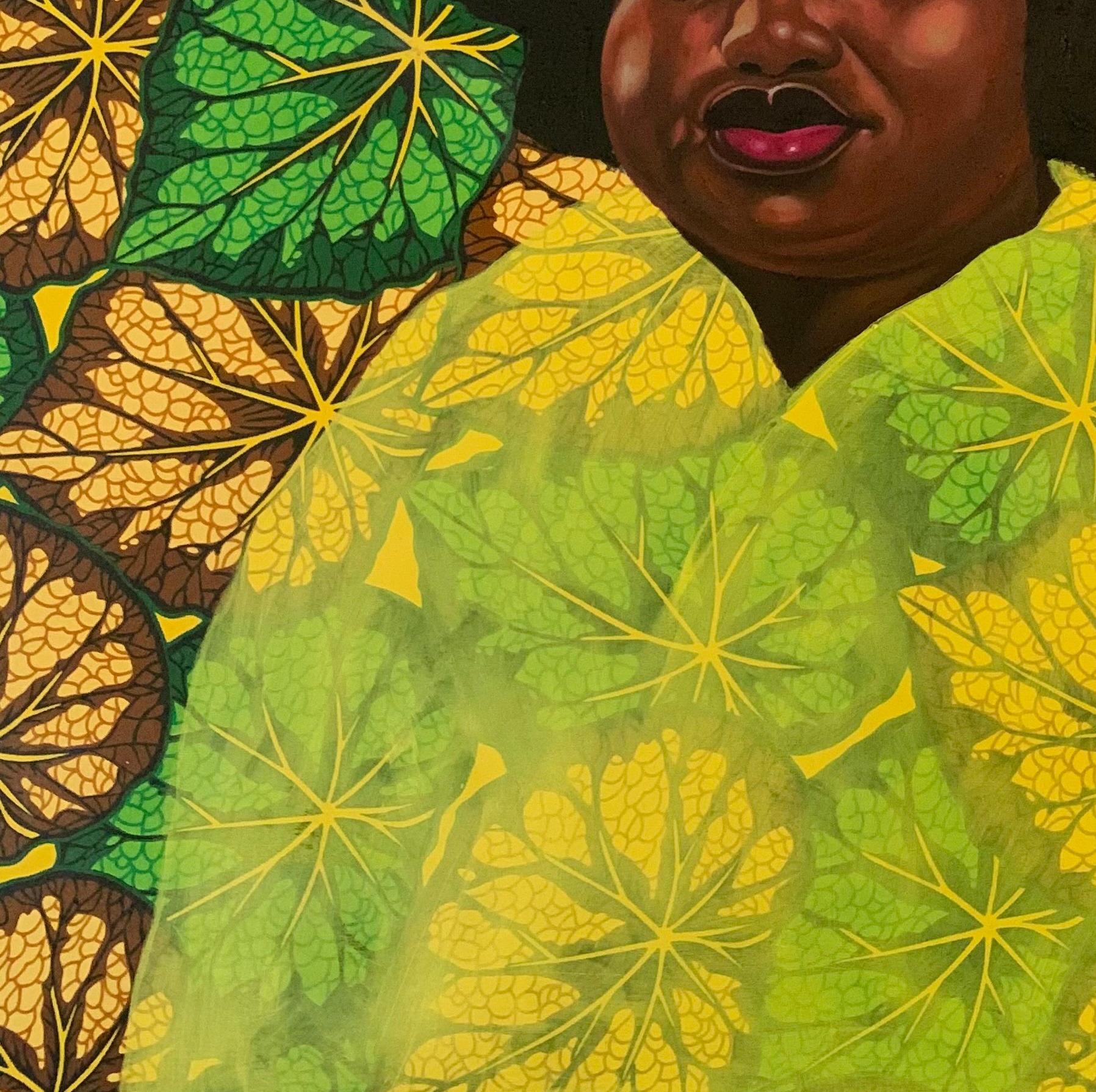 Das Gemälde ist ein beeindruckendes Porträt einer schwarzafrikanischen Frau mit einer komplizierten Afrofrisur, die die Leinwand dominiert. Die Verwendung von leuchtenden Ölfarben auf Ankara-Stoff verleiht dem Bild eine reiche Textur und ein Gefühl