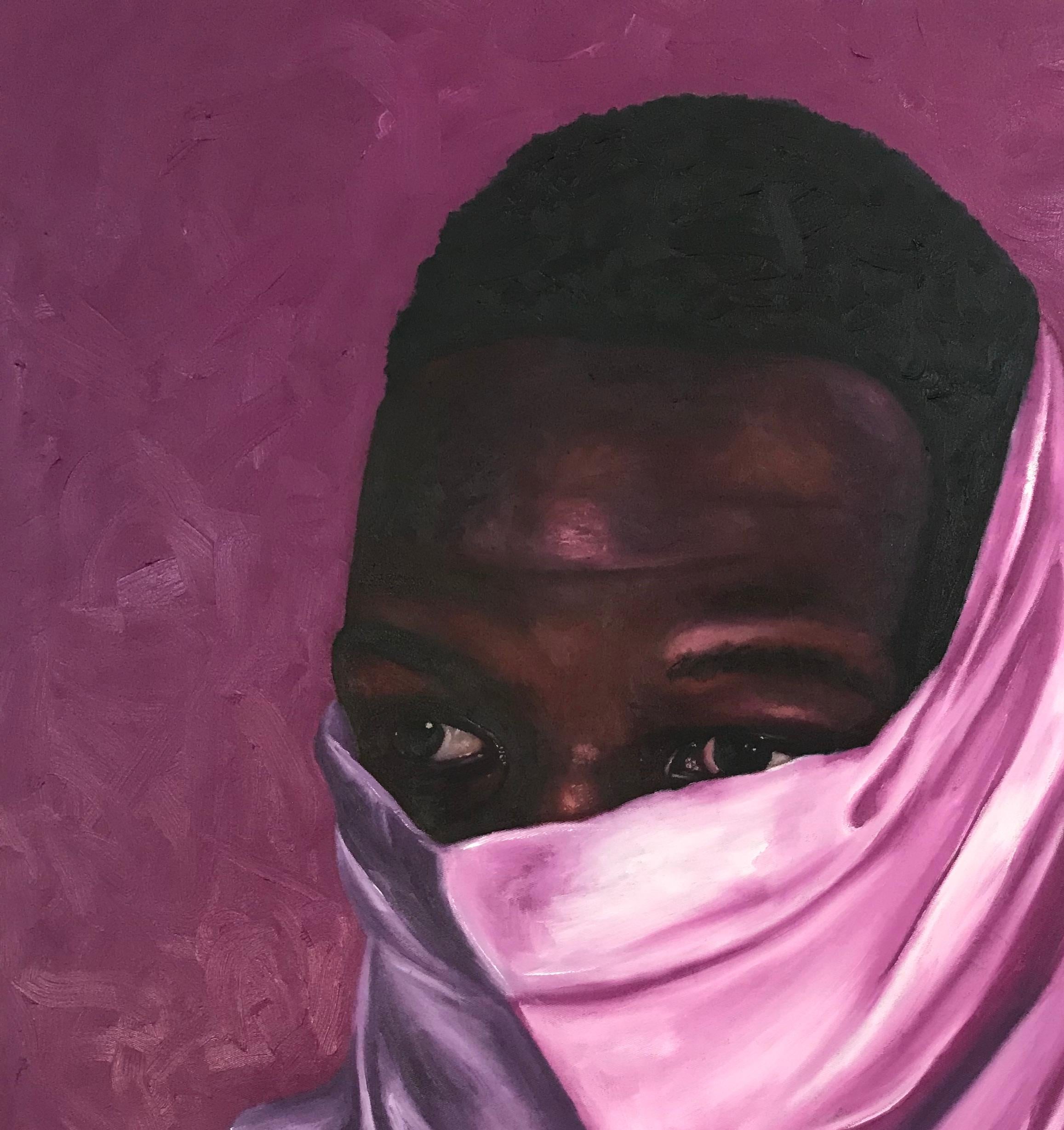 The Purple Veil: A Portrait of Youth and Mystery - Painting by Bakare Abubakri-sideeq Babatunde