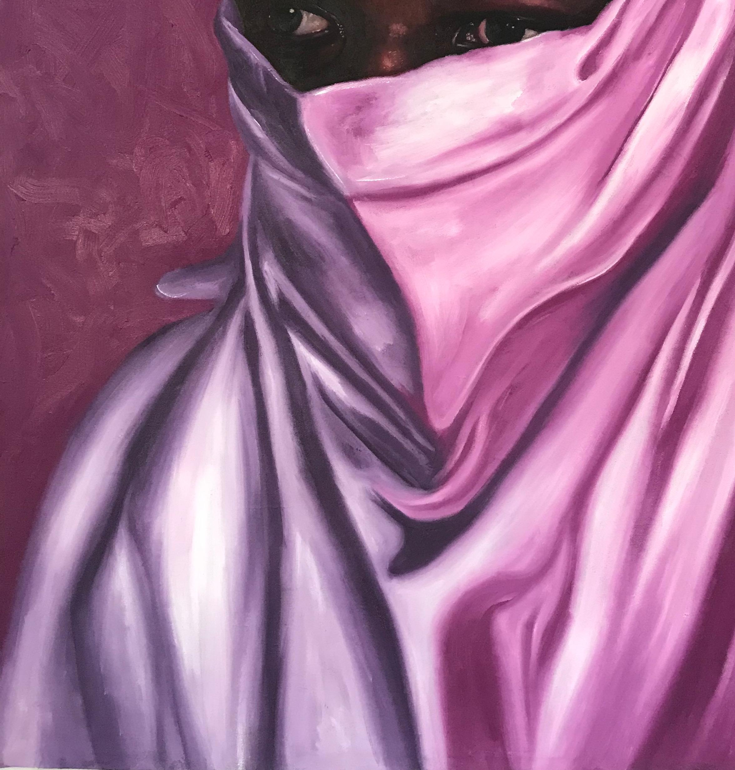 The Purple Veil: A Portrait of Youth and Mystery - Contemporary Painting by Bakare Abubakri-sideeq Babatunde