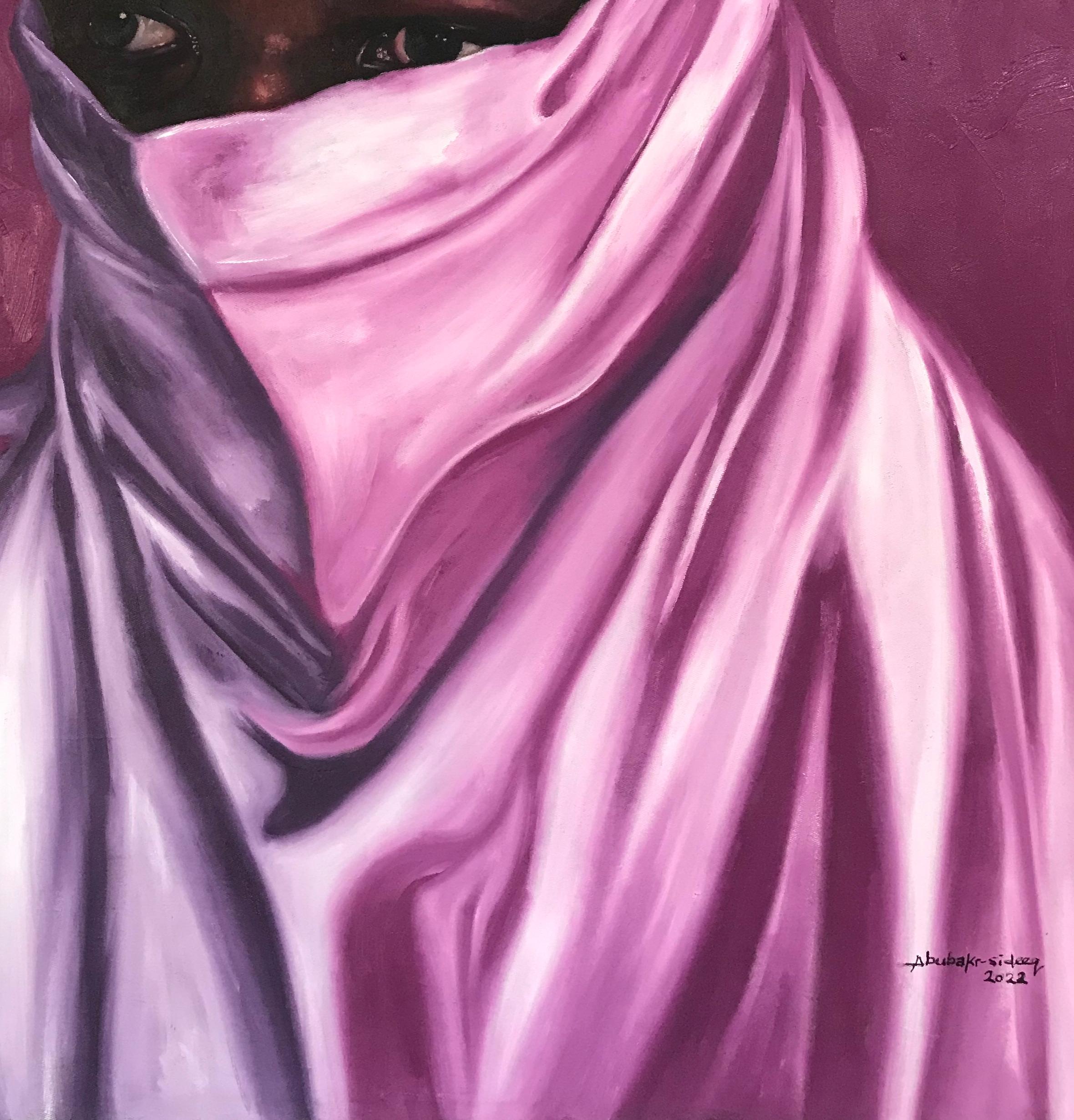 The painting depicts a young boy with a purple cloth wrapped around his face. The background of the painting is also a deep shade of purple, adding to the overall mood and tone of the piece. The boy's face is partially obscured by the cloth, giving