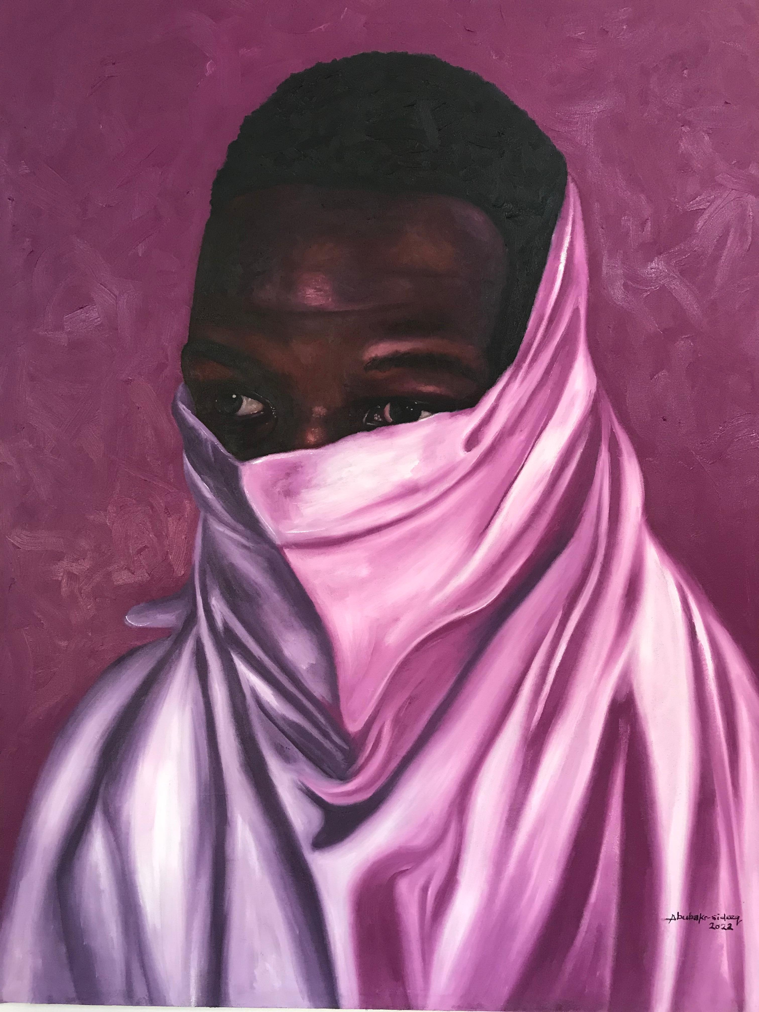 Bakare Abubakri-sideeq Babatunde Figurative Painting - The Purple Veil: A Portrait of Youth and Mystery