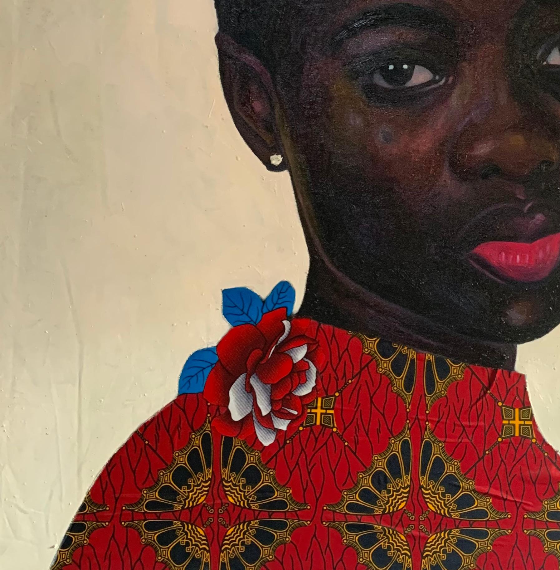 This painting captures the strength and beauty of a black African girl who gazes directly at the viewer with a thought of total liberation. The use of oil on canvas creates a vibrant and expressive piece that emphasizes the features of her face and