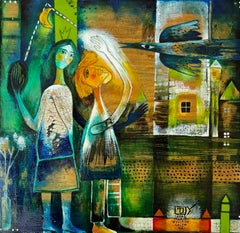 "Small Town Couple", 2020; 14.5" x 15"; Acrylic on Recycled Wood Panel
