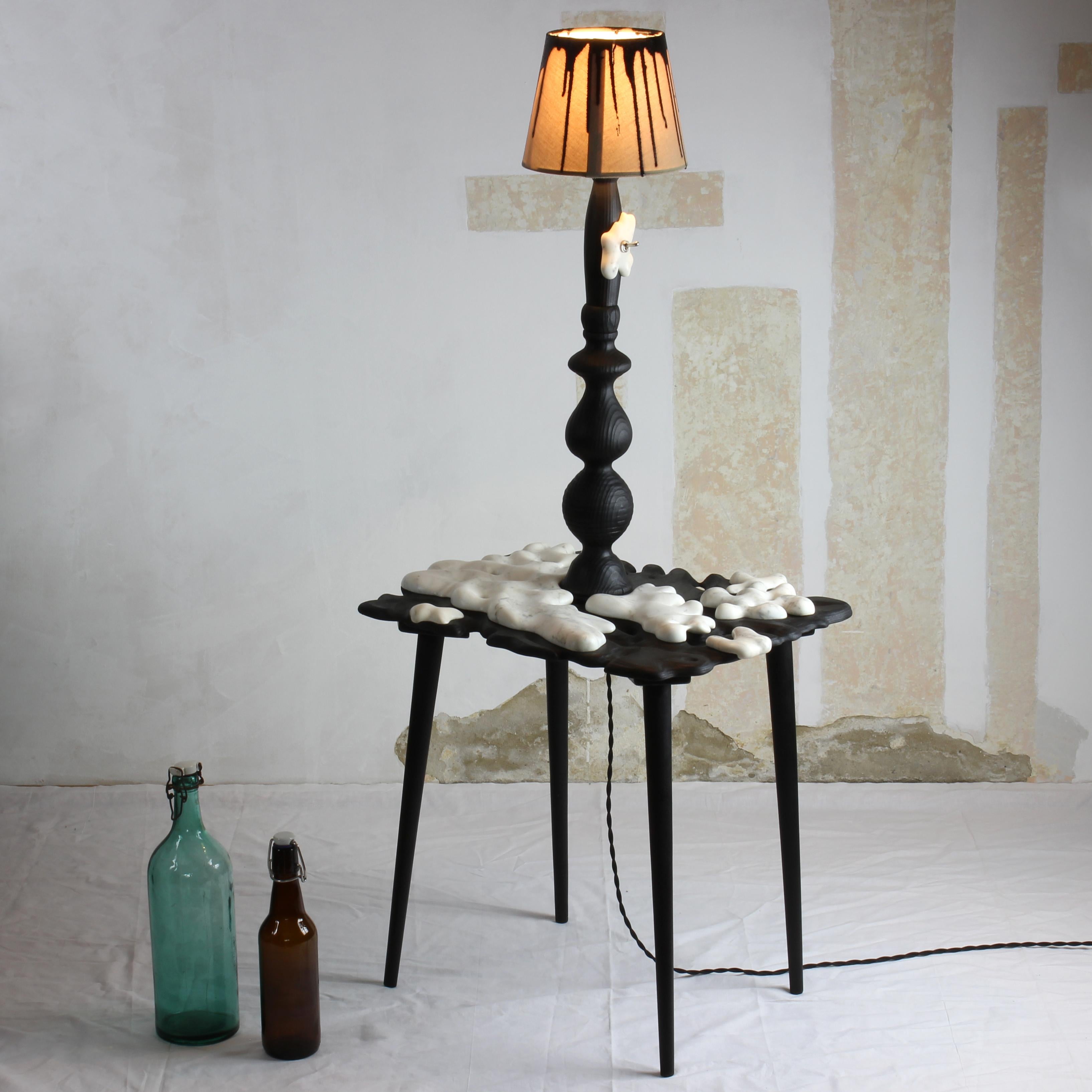 Collectible design, art sculpture, mood lightning, one of a kind organic shaped floor lamp, is made from repurposed wood parts of furniture (mid-century style stool and part of a table lamp) and leftover white marble. The wiring and lampshade is