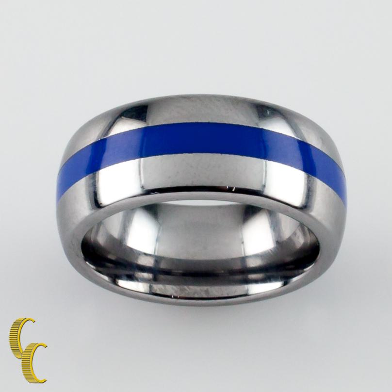 Modern Tungsten Carbide Band Ring with Blue Center Stripe, Size 5 For Sale
