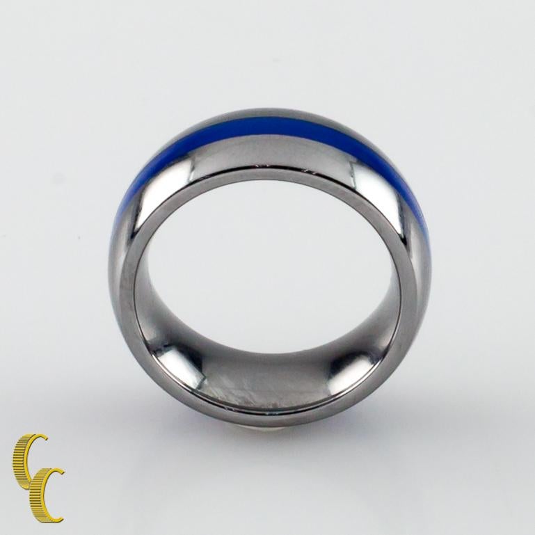 Tungsten Carbide Band Ring with Blue Center Stripe, Size 5 In Good Condition For Sale In Van Nuys, CA