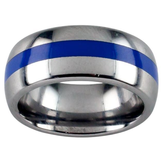 Tungsten Carbide Band Ring with Blue Center Stripe, Size 5 For Sale
