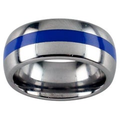Tungsten Carbide Band Ring with Blue Center Stripe, Size 5