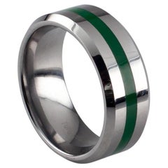 Tungsten Carbide Band Ring with Green Center Stripe, Size 8