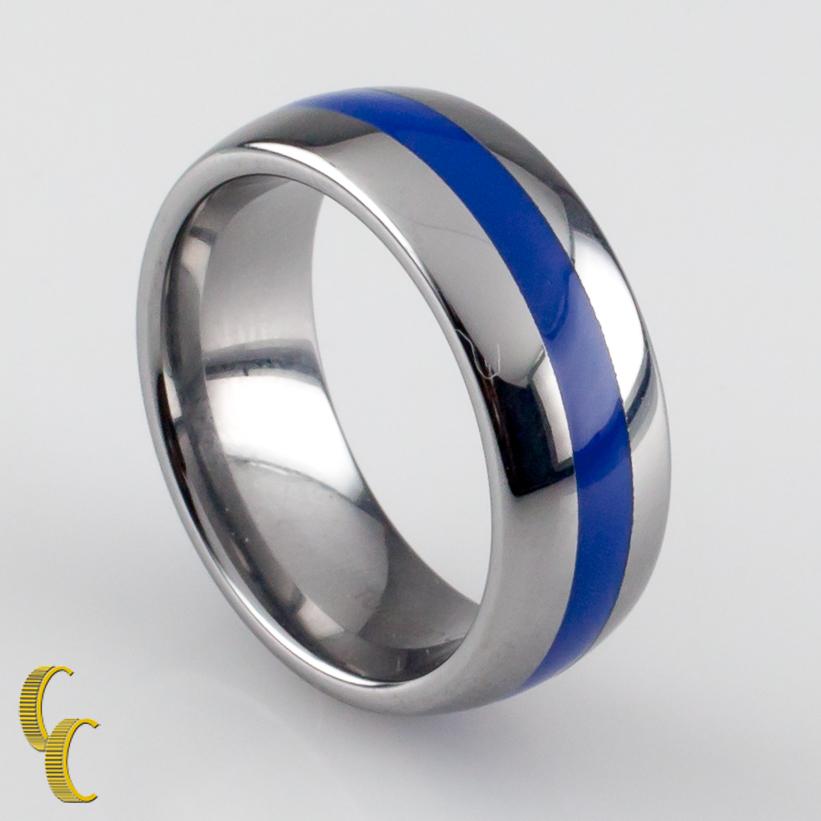Modern Tungsten Carbide Ring with Blue Center Stripe, Size 8 For Sale