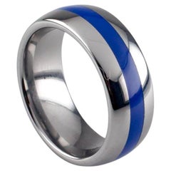 Tungsten Carbide Ring with Blue Center Stripe, Size 8