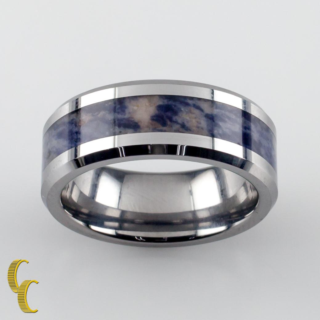 Modern Tungsten Carbide Ring with Blue Marble Colored Center Band, Size 8.5 For Sale