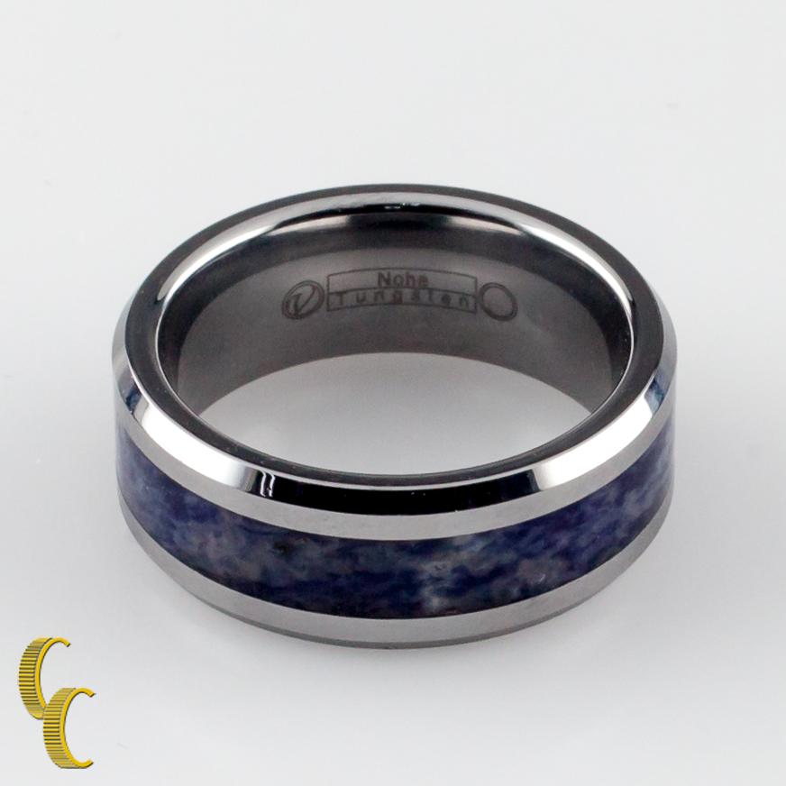 Tungsten Carbide Ring with Blue Marble Colored Center Band, Size 8.5 In Good Condition For Sale In Van Nuys, CA