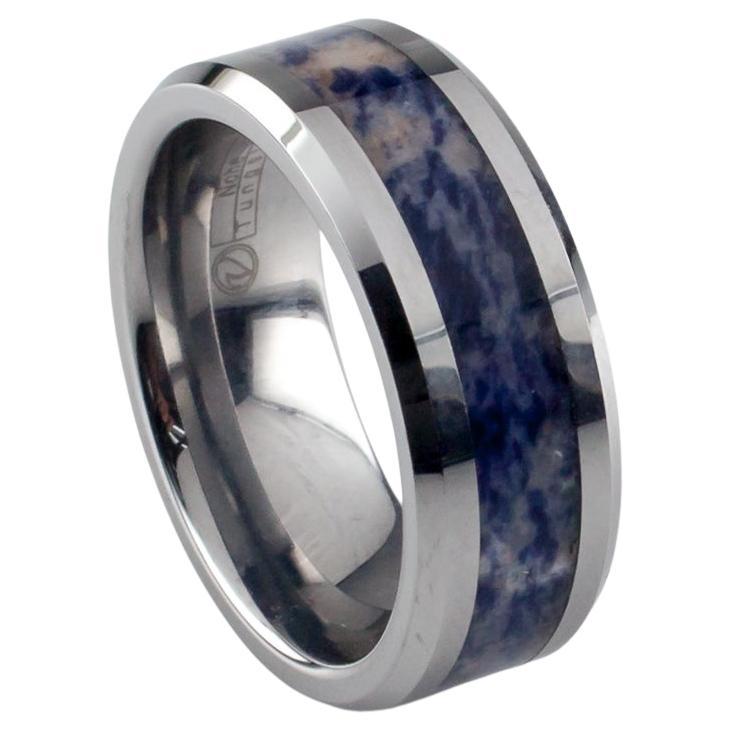 Tungsten Carbide Ring with Blue Marble Colored Center Band, Size 8.5 For Sale