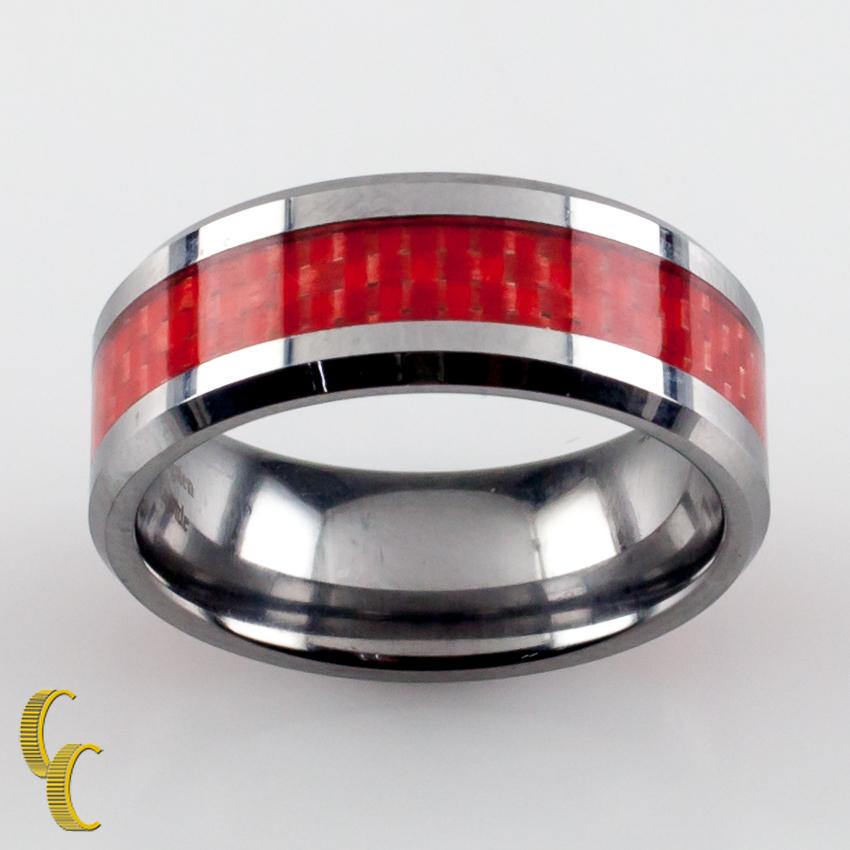Tungsten carbide band with a red stripe.
Size: 8.25.
Width: 8 mm.
Weight: 10.3 grams.