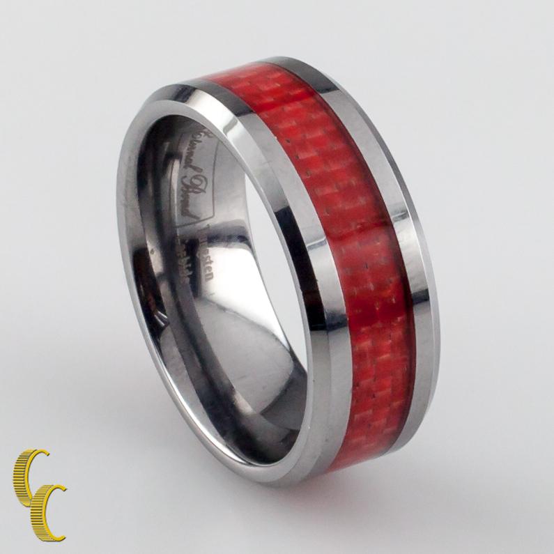 Modern Tungsten Carbide Ring with Textured Red Stripe, Size 8.25 For Sale