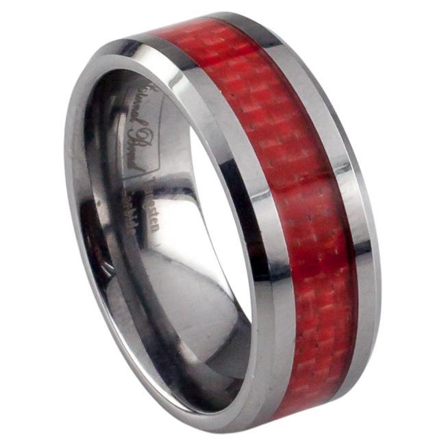 Tungsten Carbide Ring with Textured Red Stripe, Size 8.25 For Sale