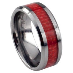 Tungsten Carbide Ring with Textured Red Stripe, Size 8.25