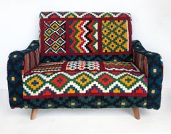 Tunisian 'North Africa' Woven Wool Textile Loveseat with Brightly Colored Fabric