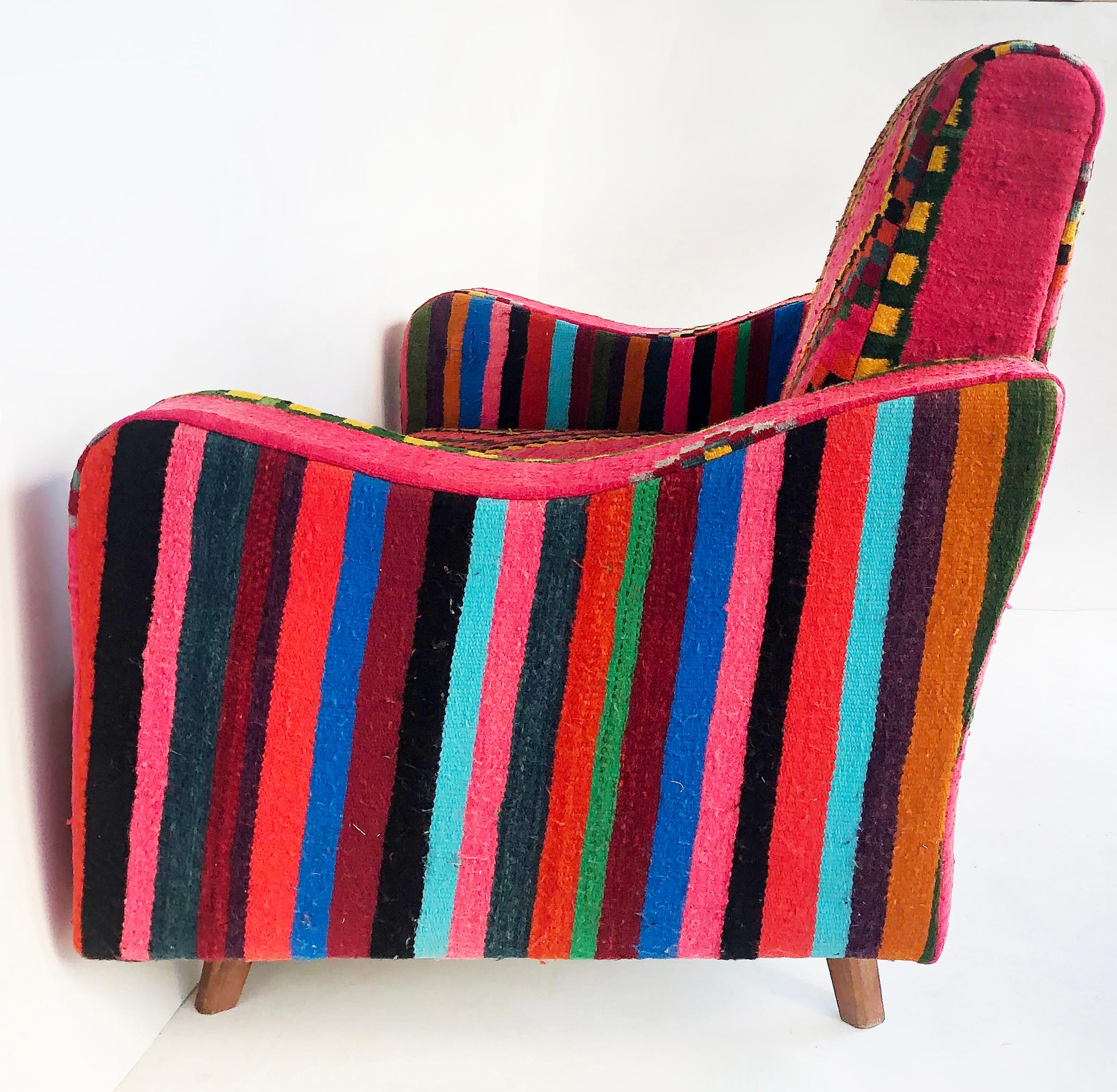 Tribal Tunisian 'North Africa' Woven Wool Textile Loveseat with Brightly Colored Fabric