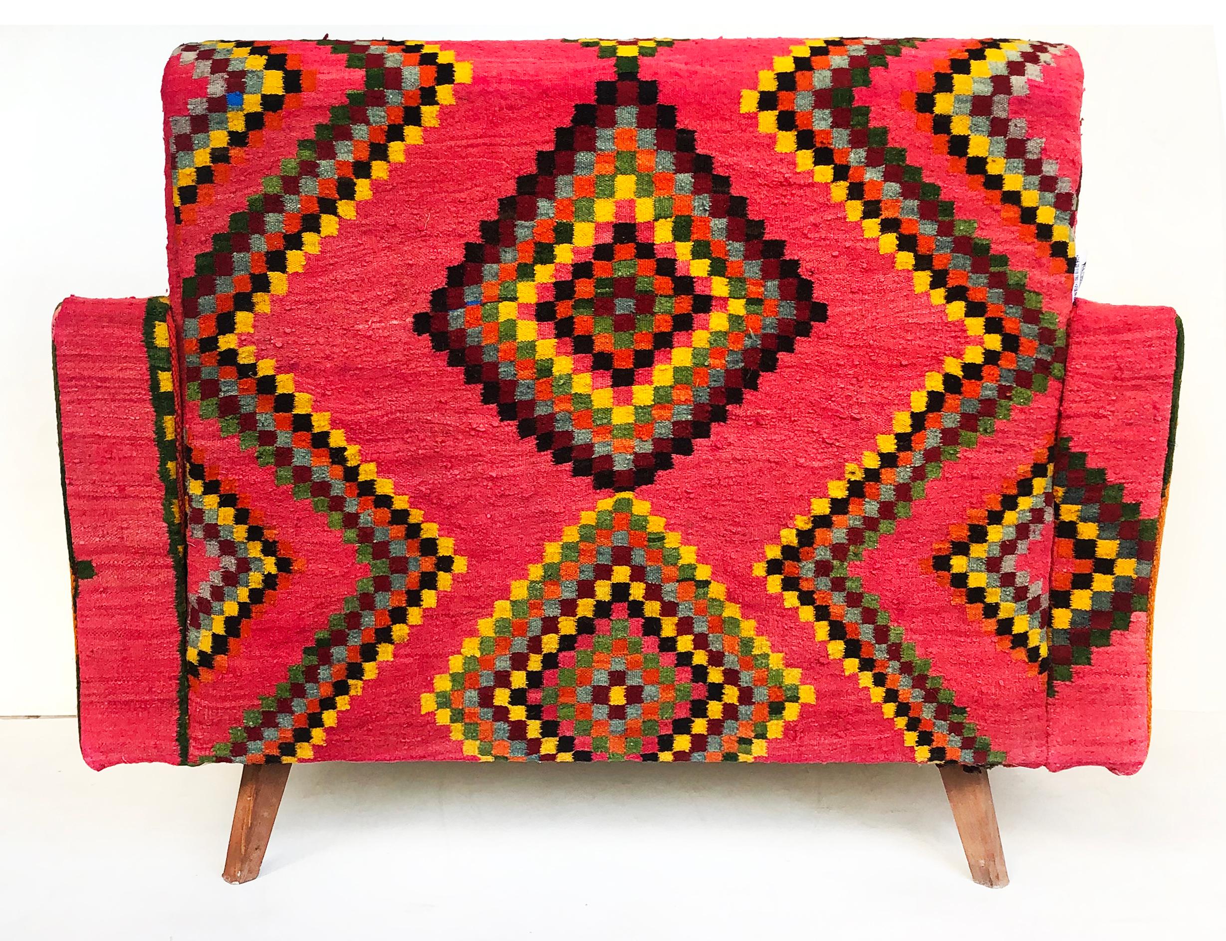 Tunisian 'North Africa' Woven Wool Textile Loveseat with Brightly Colored Fabric In Good Condition In Miami, FL