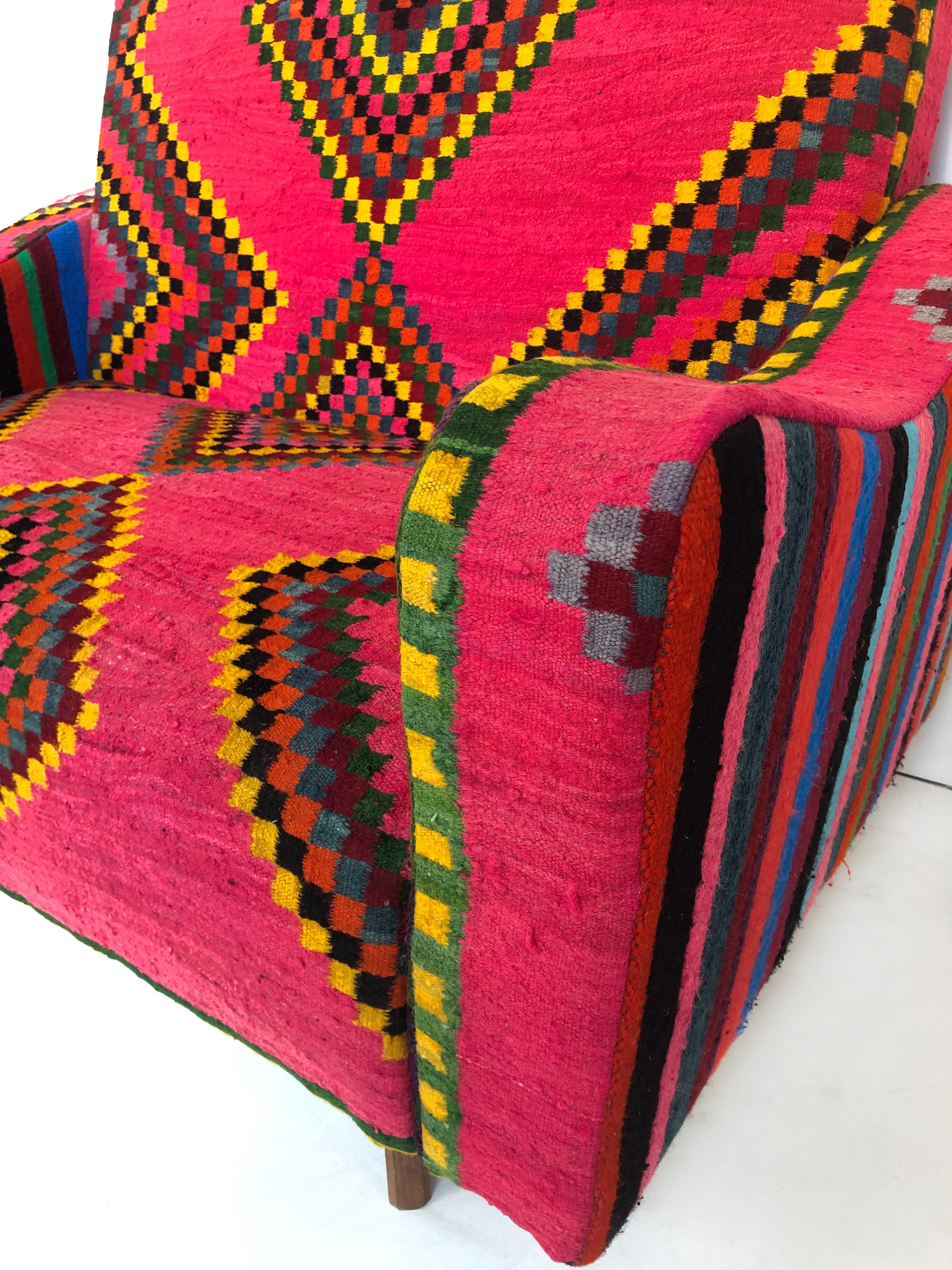Tunisian 'North Africa' Woven Wool Textile Loveseat with Brightly Colored Fabric 1