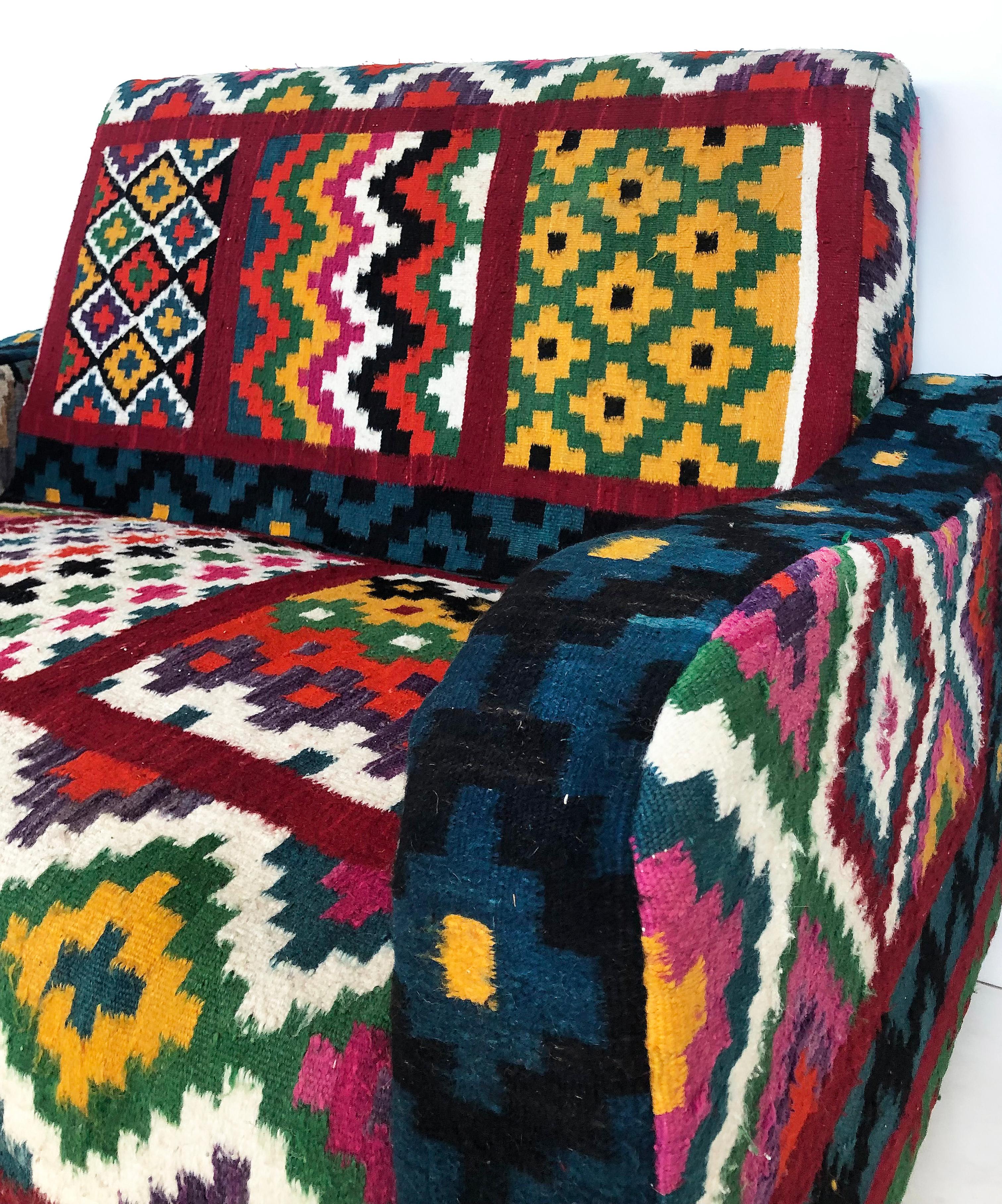 Tunisian 'North Africa' Woven Wool Textile Loveseat with Brightly Colored Fabric 2