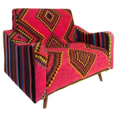 Tunisian 'North Africa' Woven Wool Textile Loveseat with Brightly Colored Fabric