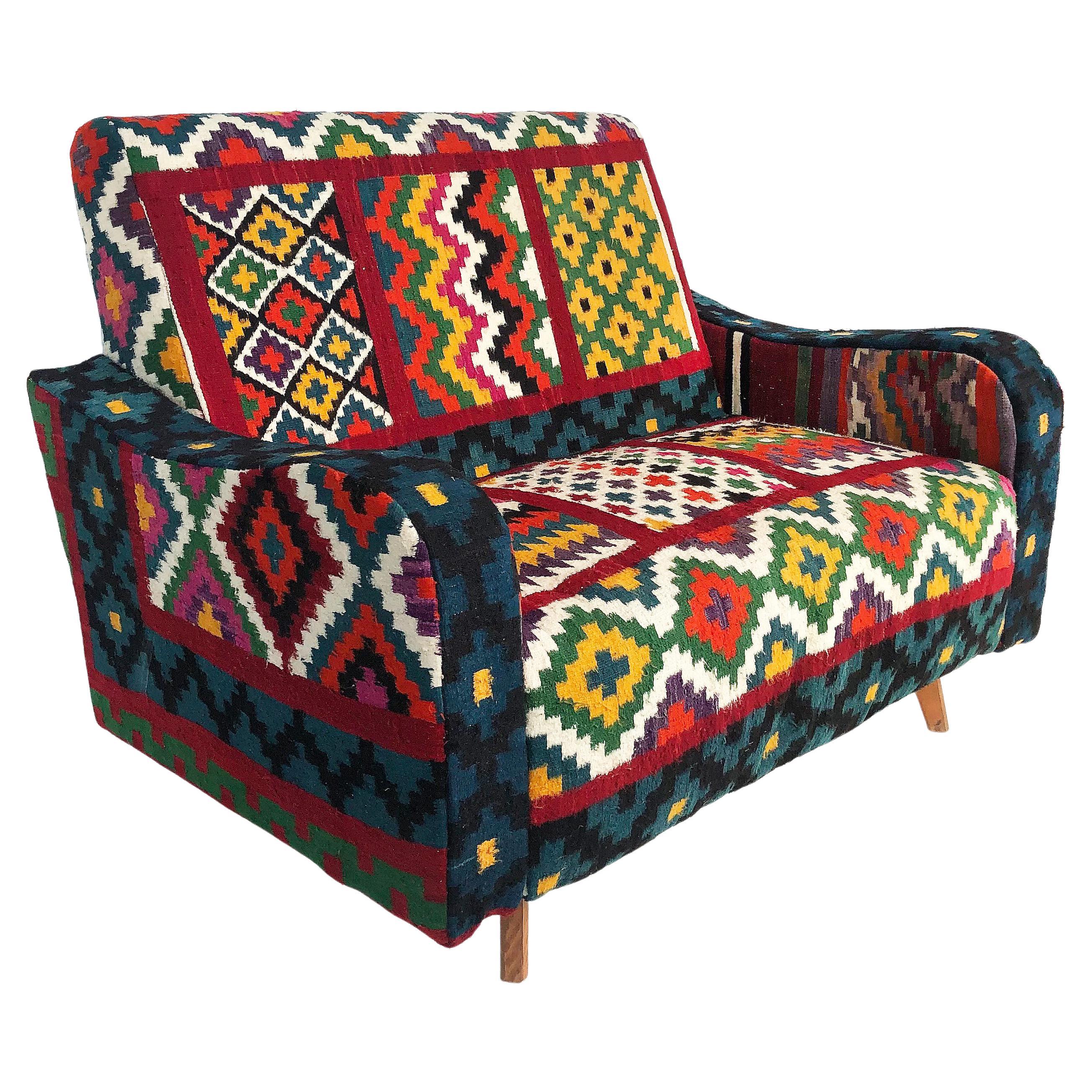 Tunisian 'North Africa' Woven Wool Textile Loveseat with Brightly Colored Fabric