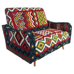 Tunisian 'North Africa' Woven Wool Textile Loveseat with Brightly Colored Fabric