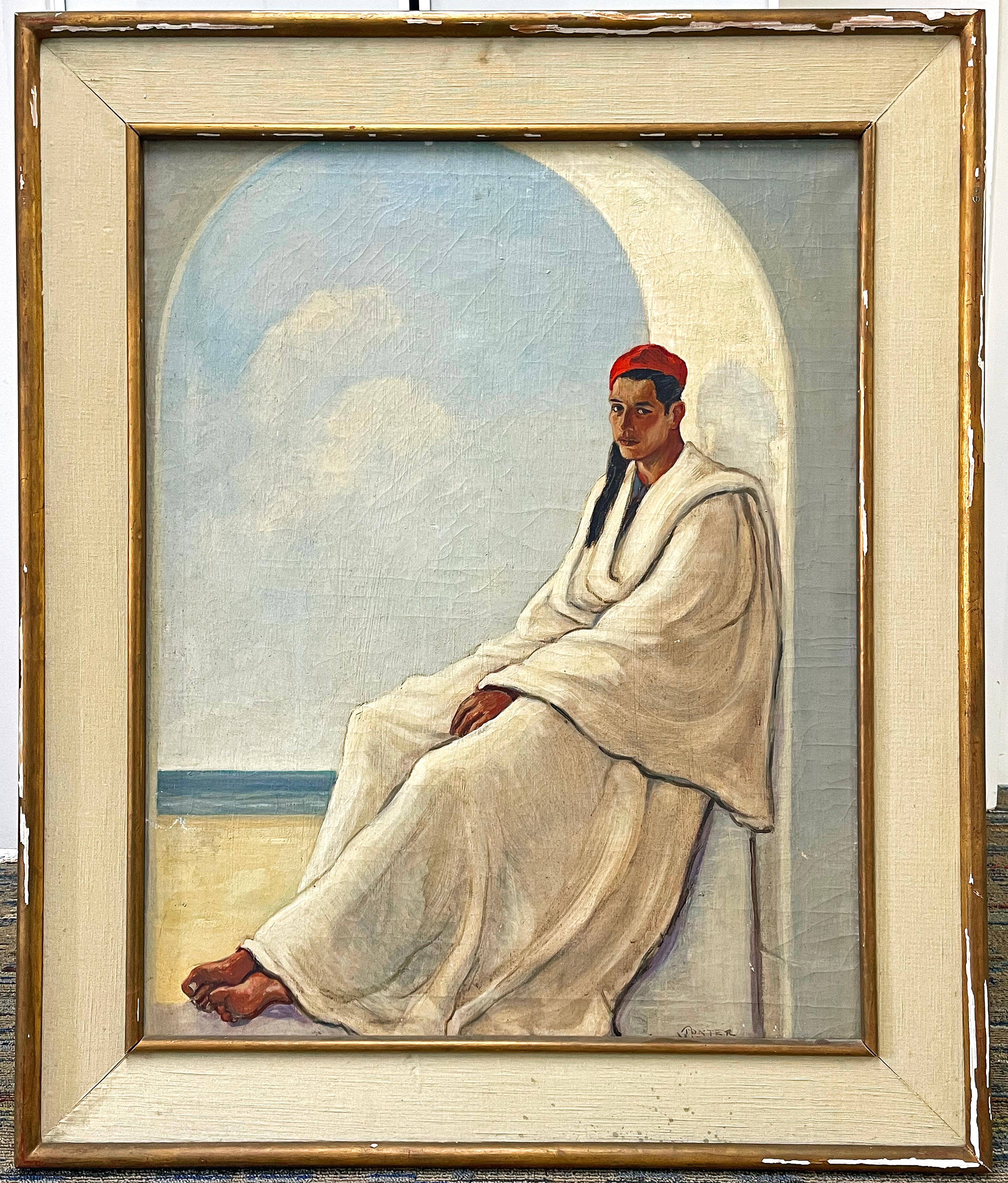 Powerful and striking, this painting of a Tunisian young man dressed in a white robe and traditional chechia hat, seated in an archway with the North African sky and Mediterranean Sea in the distance, was painted by Porter Woodruff in the 1930s. The