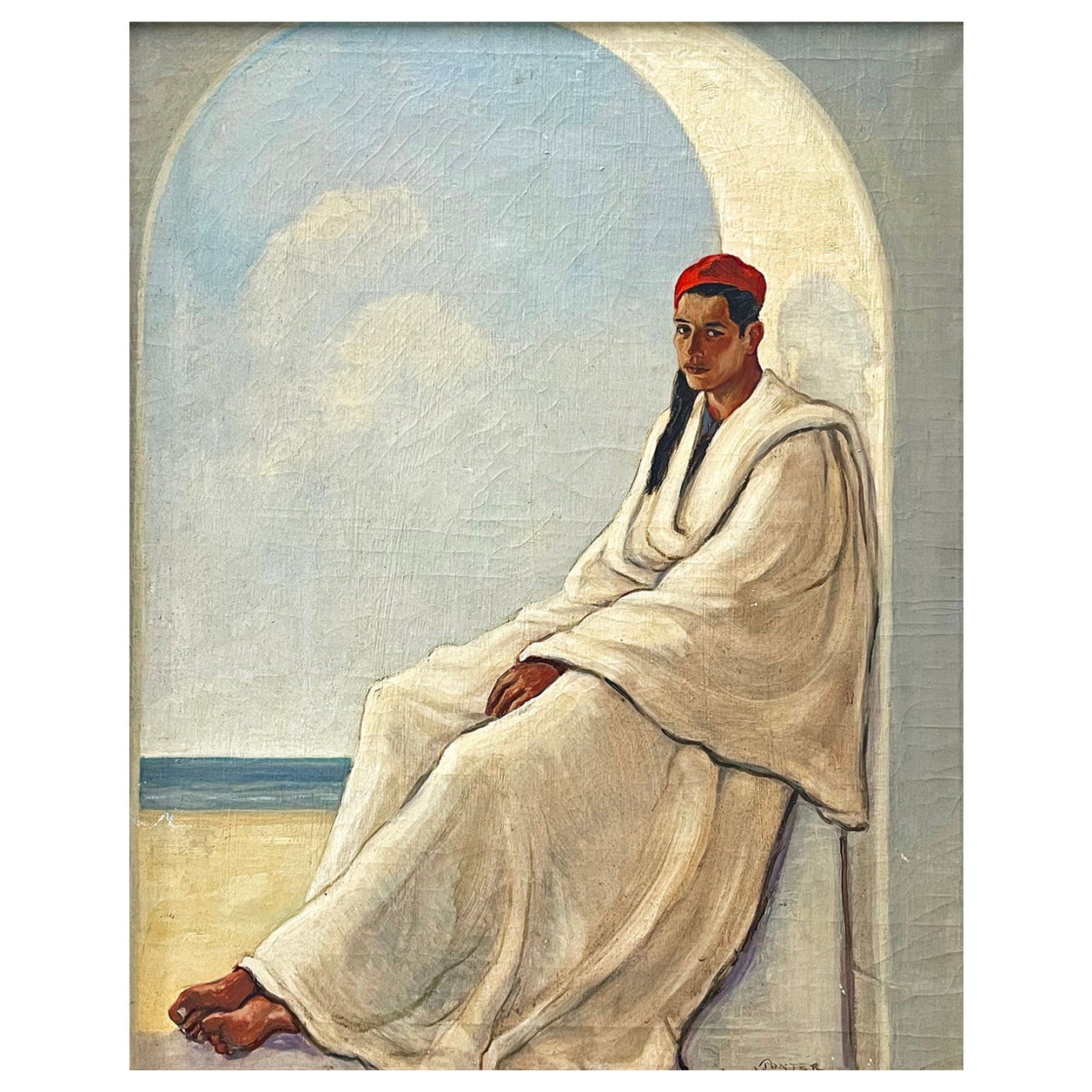 « Jeune homme tunisien avec une chéchia », saisissante peinture à l'huile de Woodruff, années 1930