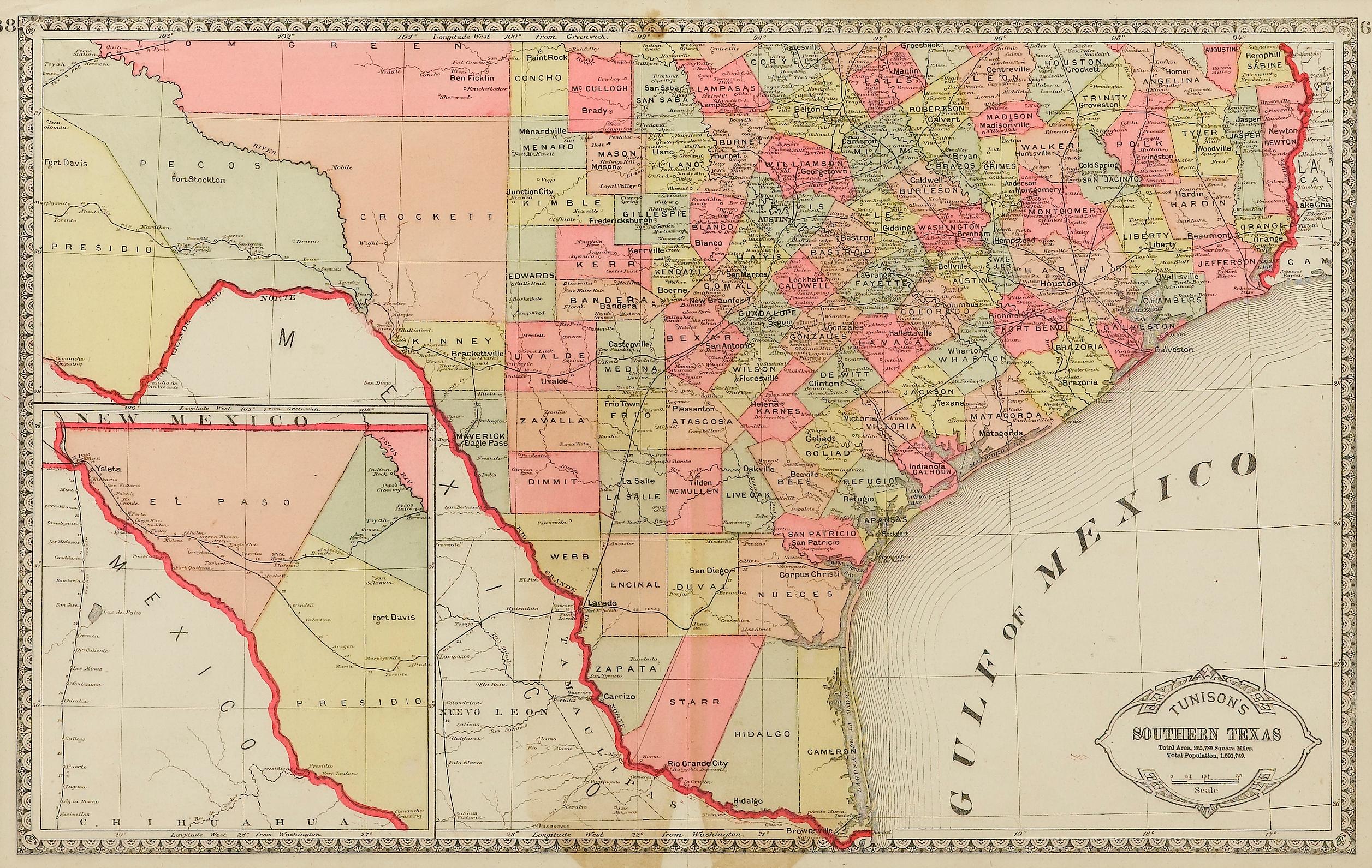 This original map Tunison's Southern Texas was published by H.C. Tunison, circa 1885.

In true Tunison style, this is a finely lithographed map with original and bright hand coloring. By this period most mapmakers had adopted printed color rather