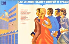 Original Vintage Soviet Poster Knowledge Supports Work Education Training USSR
