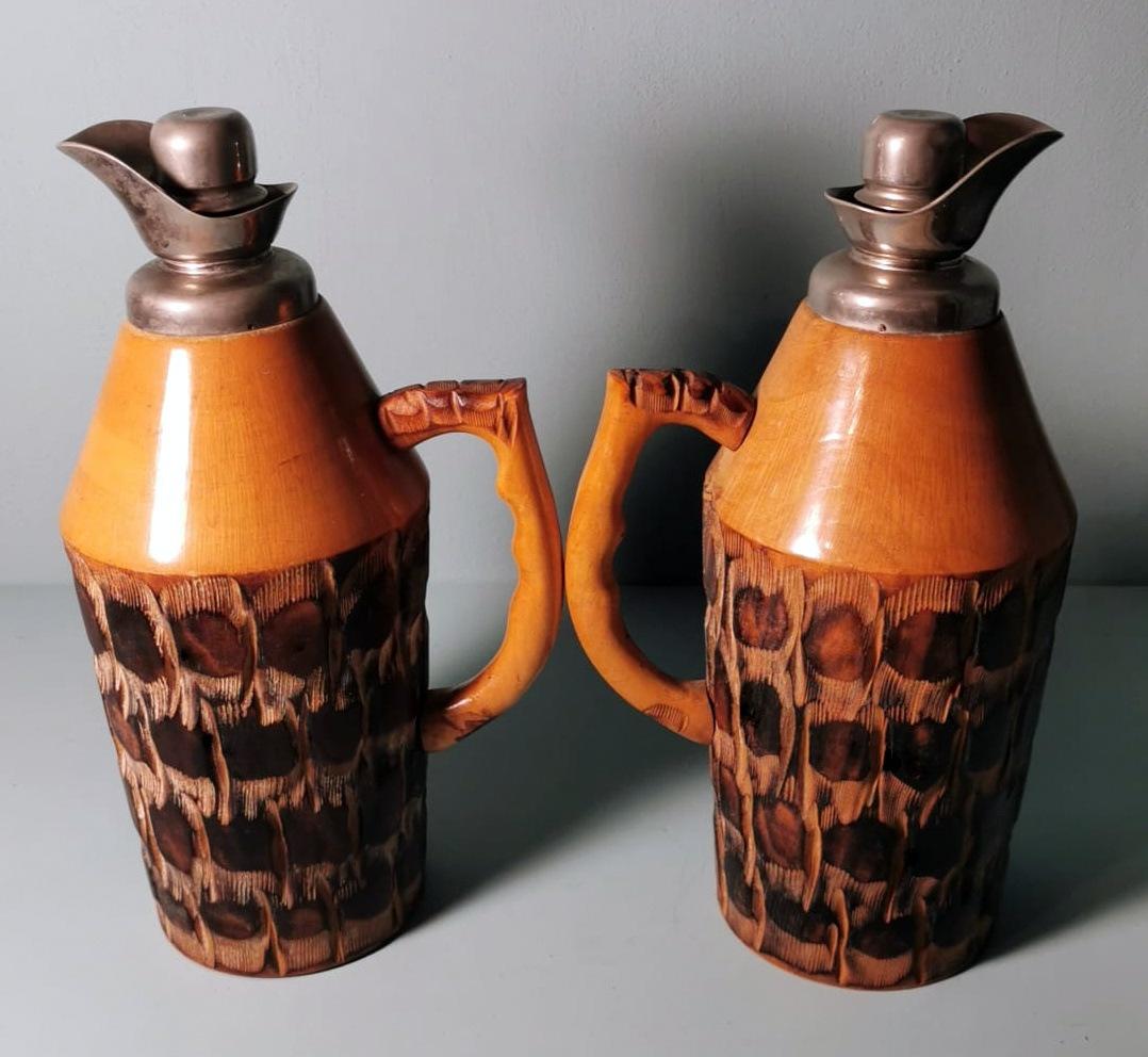 Art Deco Tura Aldo for Macabo Pair of Italian Thermal Jugs in Bamboo and Metal For Sale
