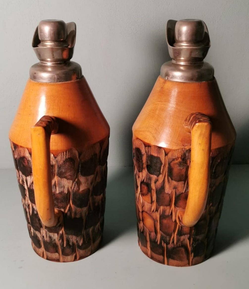Hand-Crafted Tura Aldo for Macabo Pair of Italian Thermal Jugs in Bamboo and Metal For Sale