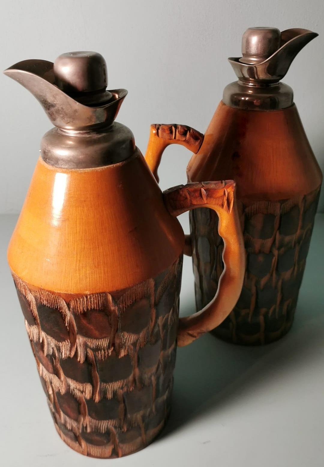 Tura Aldo for Macabo Pair of Italian Thermal Jugs in Bamboo and Metal In Good Condition For Sale In Prato, Tuscany