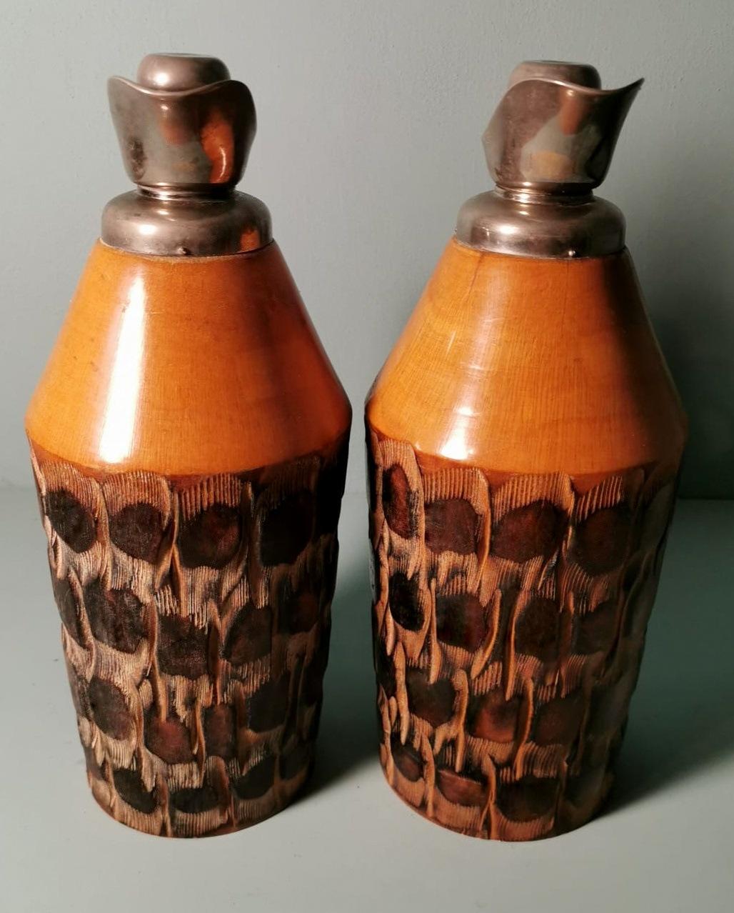 20th Century Tura Aldo for Macabo Pair of Italian Thermal Jugs in Bamboo and Metal For Sale