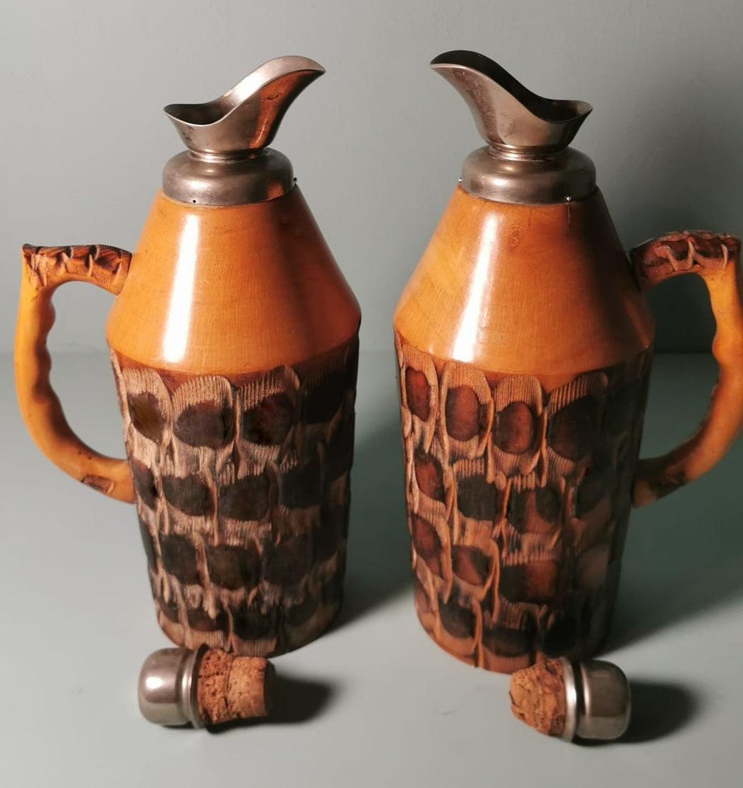 Tura Aldo for Macabo Pair of Italian Thermal Jugs in Bamboo and Metal For Sale 2