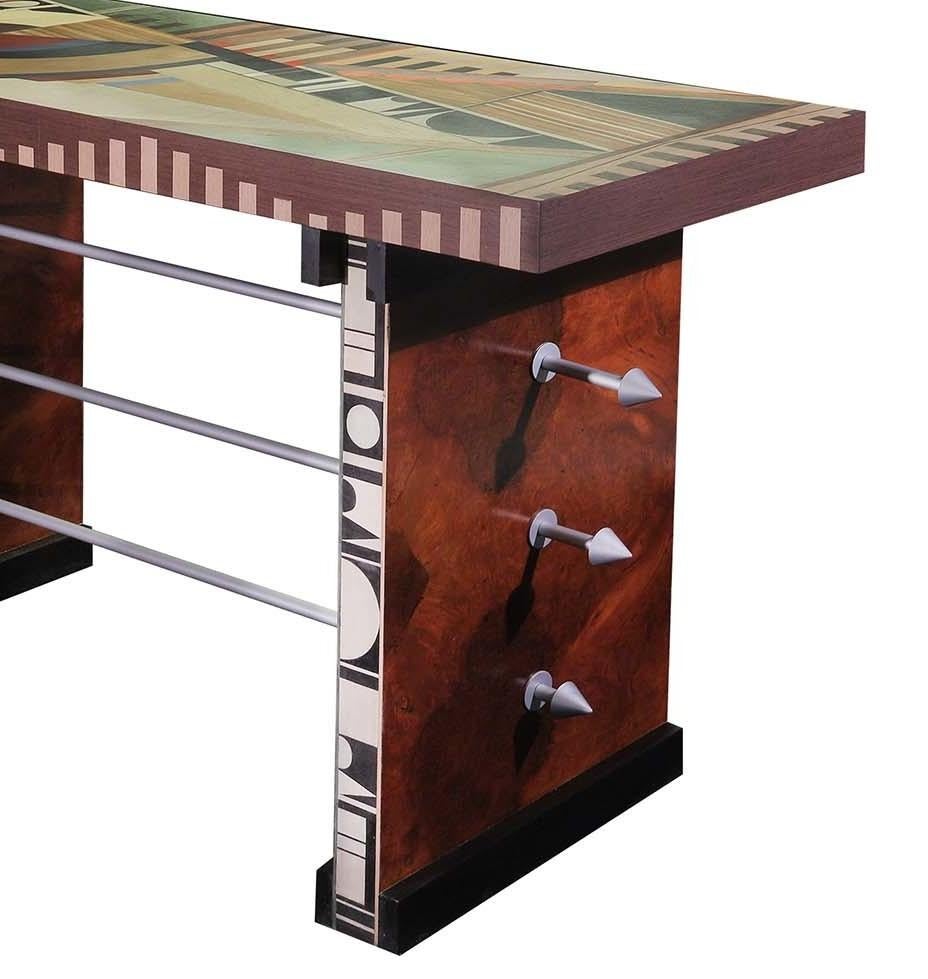 This desk is a stunning work of art of strong visual impact that will enrich the look of a modern or eclectic interior. Showcased as a console in an entryway or desk in a study, this piece will make a statement thanks to its unique Silhouette