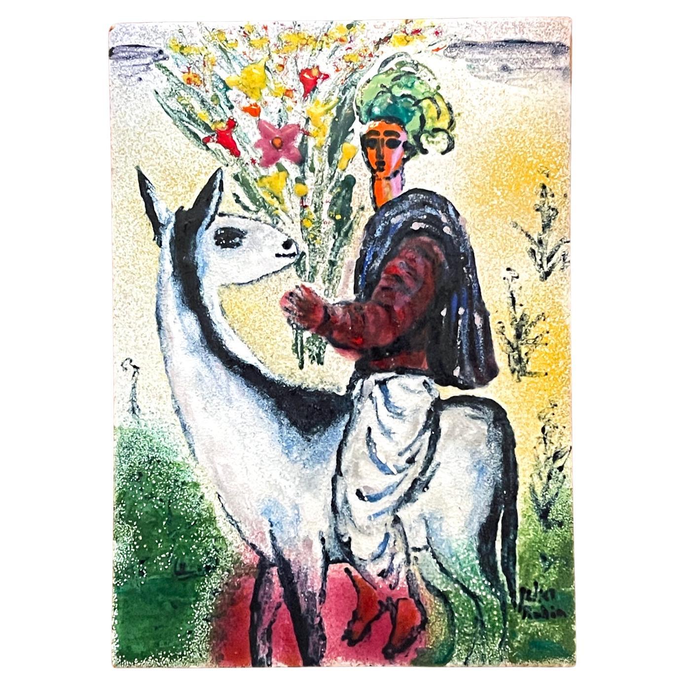 "Hombre turbante sobre cabra con flores", llamativa pintura esmaltada, estilo de Rubin en venta